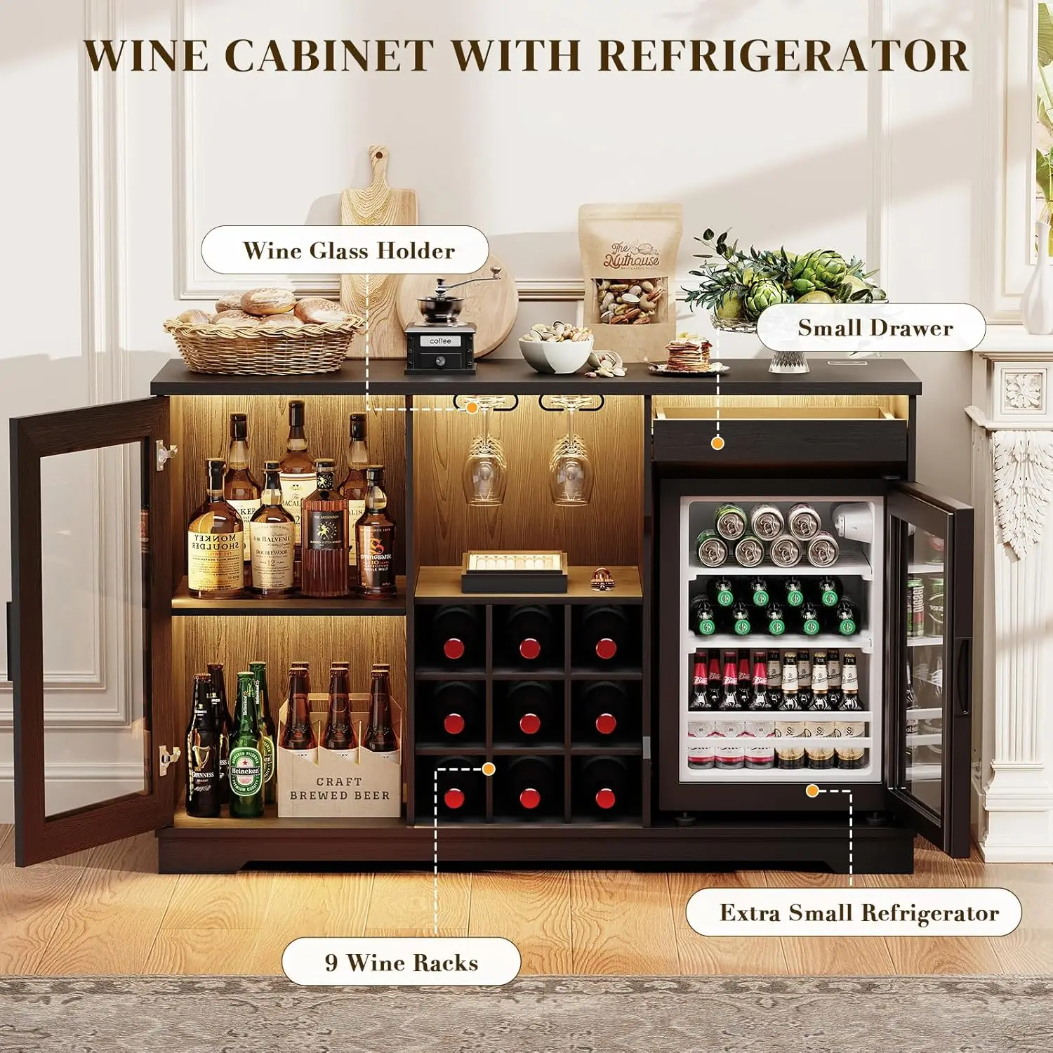Coffee Bar Cabinet with Fridge (Fridge Included), Large Liquor Bar Cabinet with LED Lights, Glass Holder & Wine, Customized - view 5