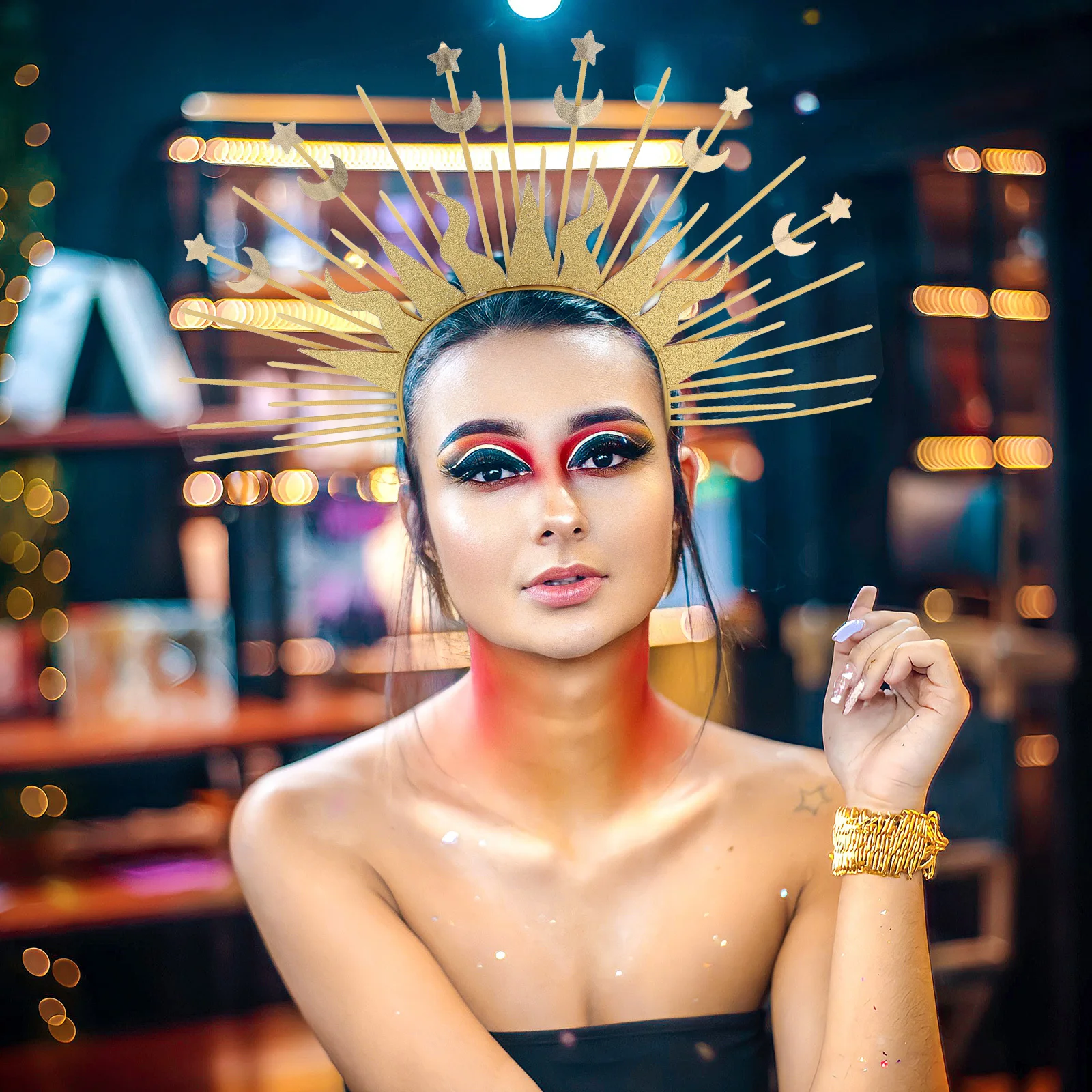

Golden Sun Goddess Headpiece Sunburst Mary Crown Spiked Headband Halloween Costume Party Star Moon Tiara Star Costume