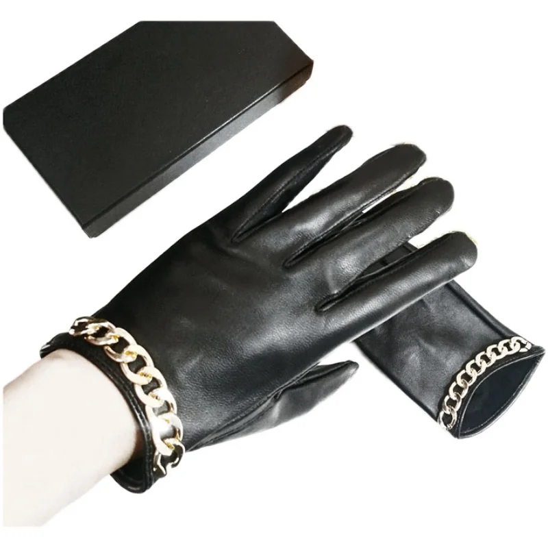 

Touch Screen Real Leather Gloves Female Pure Sheepskin Black Gold Chains Short Thin Slim Women Leather Gloves DZ07