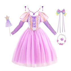 Rapunzel Dress Girls Long-sleeved Luminous Mesh Dress Winter Velvet Girl Birthday Gown Girls Sequined Princess Clothes 2-8Y