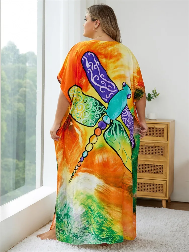 2024 Summer Plus Size Bohemian Print V Neck Batwing Sleeve Loose Kaftan Dress African Women Beachwear Swimsuit Cover Up Q1577