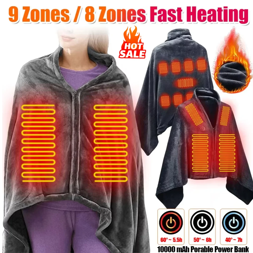 

USB Heated Shawl Wearable Heated Poncho Throw 3 Heating Level Portable Poncho Wrap Soft Heated Throw Blanket for Camping Hiking