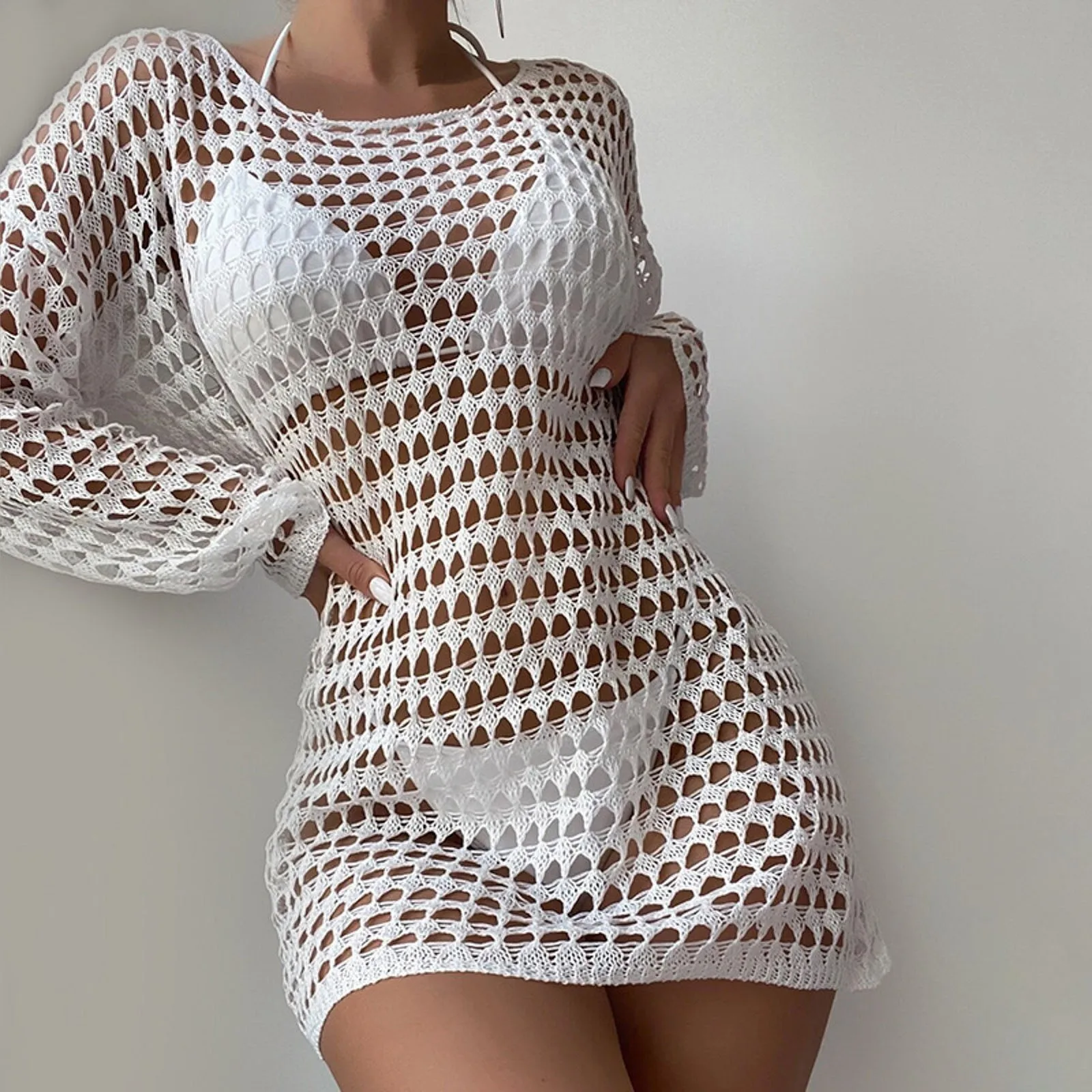 Female Sexy Knitted Hollow Out Pullover Round Neck Long Sleeve Bikini Swimwear Cover Up Long Beach Cover up Dresses for Women