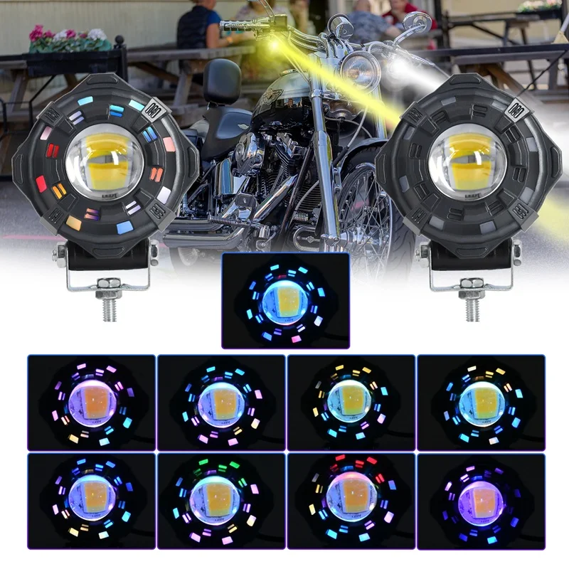 LED Motorcycle Headlight White Yellow RGB Fog Lights Super Bright Headlight 3570 LED Chip Motorcycle Auxiliary LED Driving Lamp