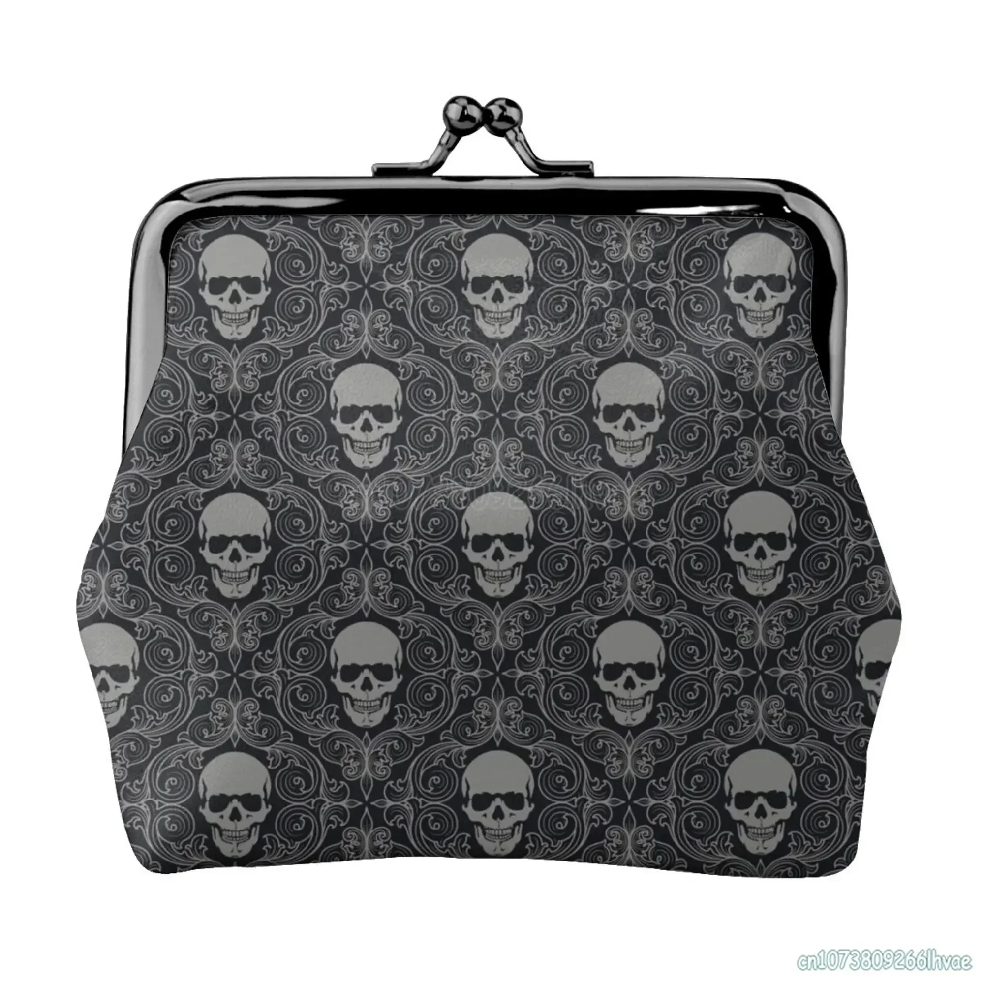 Black Skull Gothic Brocade Coin Pouch with Kiss Lock Closure Buckle Wallet for Girls Gift Women's Leather Coin Purse