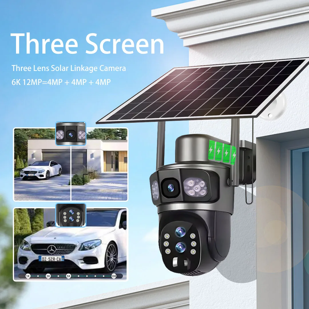 Solar Cameras WiFi Outdoor Surveillance 6K 12MP 10X Zoom Three lens CCTV Security Wireless Three Screen Camera PTZ IP66 Cam V380