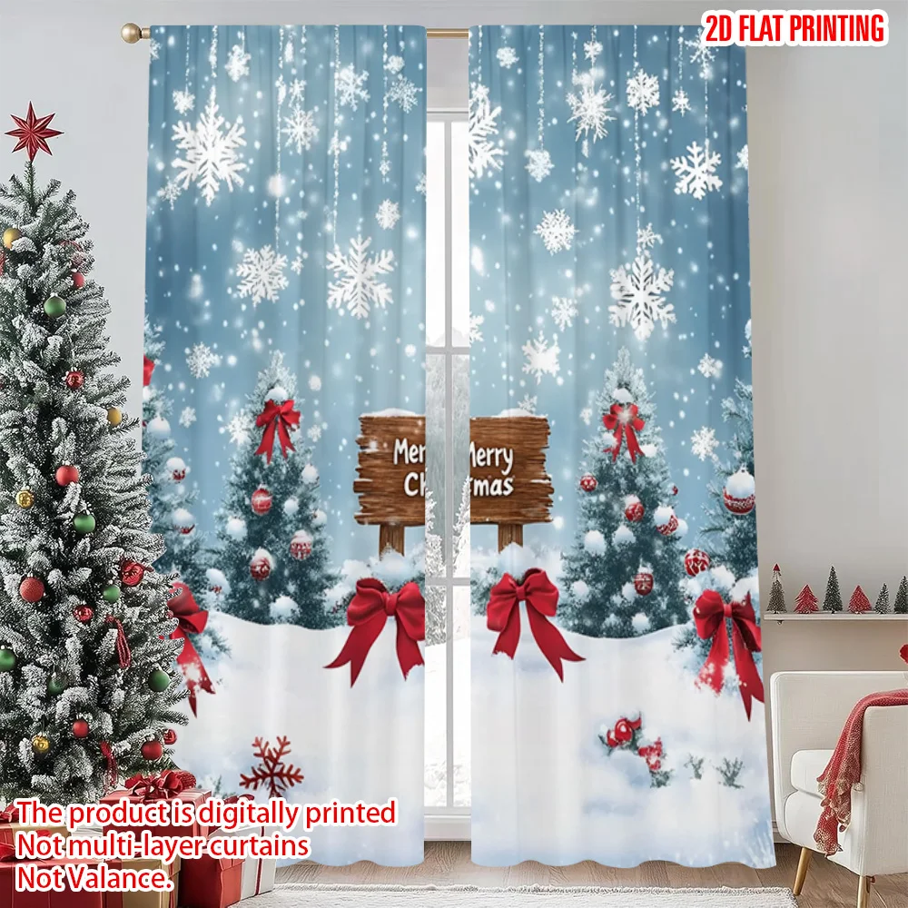 

2pcs 2D flat printing Merry Christmas Party Curtains Christmas snow forest scene Durable Polyester Without Electricity Party