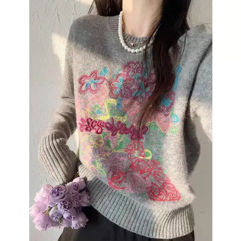 

Свитер, трикотаж, женский наряд в растительном стиле, свитер с круглым вырезом и тяжелой вышивкой, женский осенне-зимний свободный вязаный топ, длинный