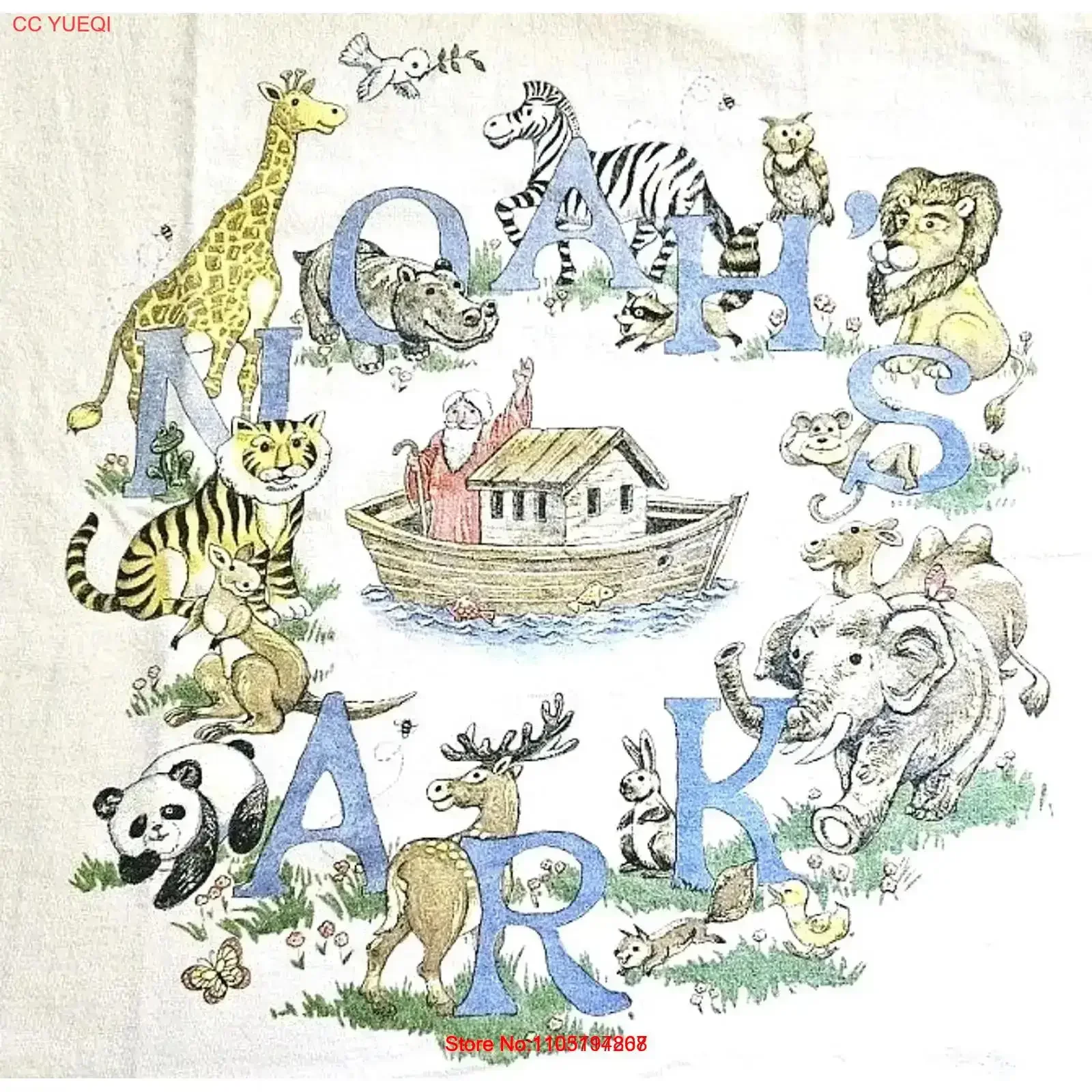 خمر 90s سفينة نوح الحيوان المملكة الدين الكتاب المقدس تي شيرت أبيض حجم XL غسلها موضة قليلا لينة مريحة خمر