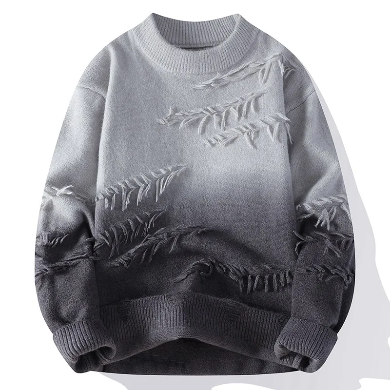 KIDWHXR Sweater Autumn Winter Men Gradient Color Man Pullover Loose Round Neck Long Sleeve Male Loose Casual Knitted Tops