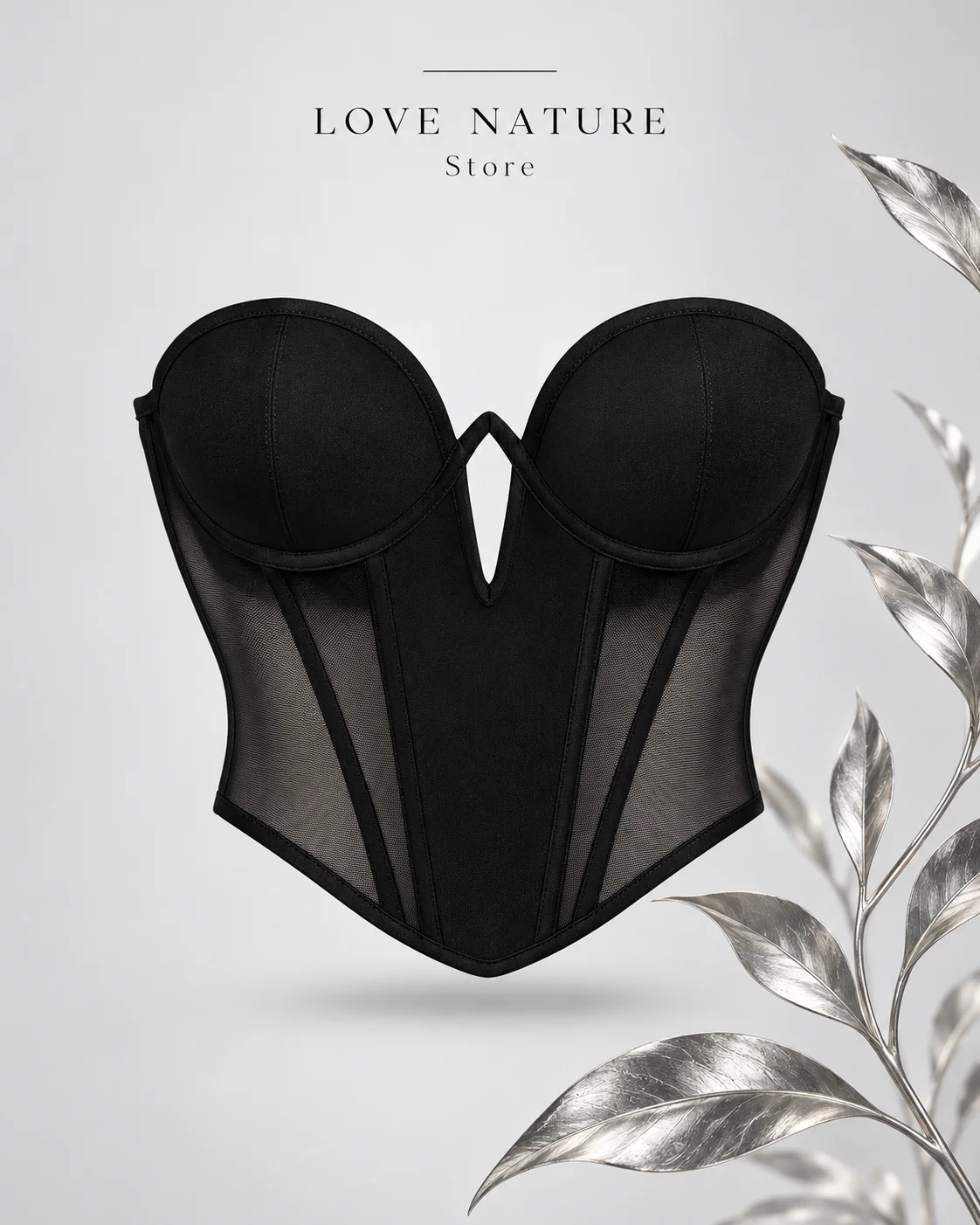 【LOVE NATURE Store】Black Mesh Corset Top, Women Hollow Underwire Bustier Sheer Waist Cincher Party Clubwear