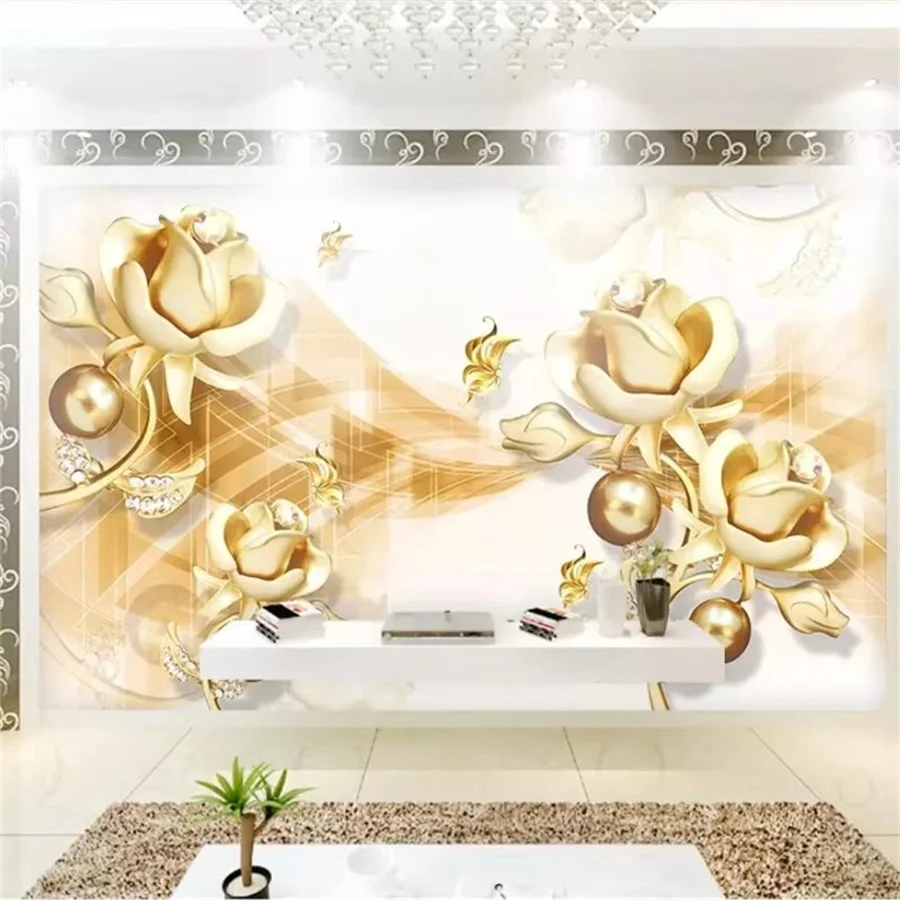ورق حائط ثلاثي الأبعاد مخصص ورق حائط طلاء ذهبي مجوهرات زهور خلفية جميلة جدار ذهبي جميل صور خلفيات ديكور المنزل
