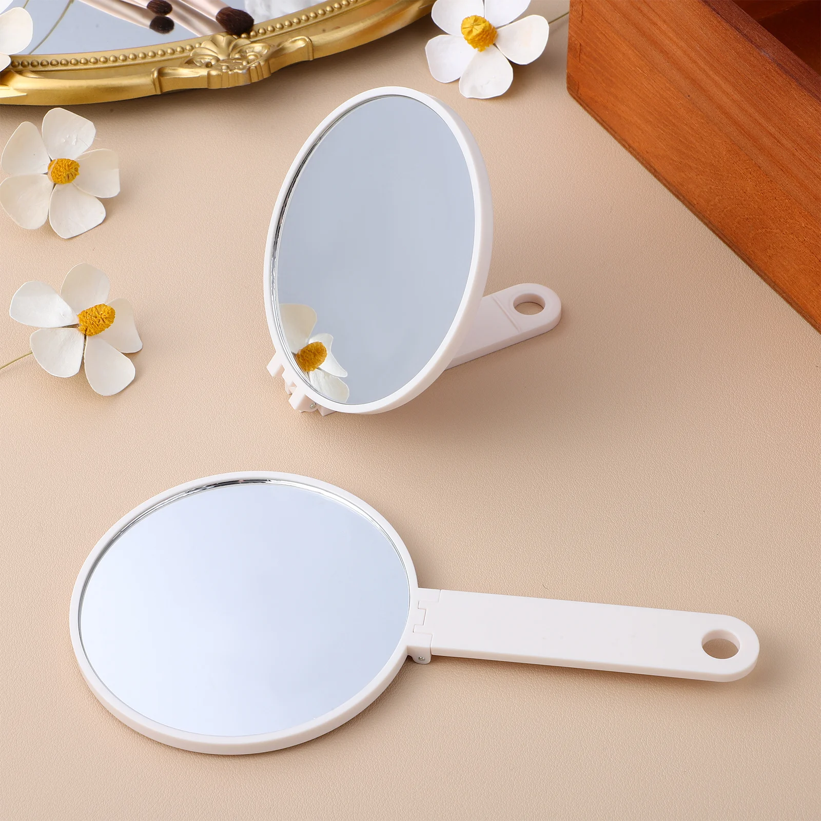 Portable Handheld Vanity Mirror Foldable Handle Stylish Square Design High Definition Reflection Compact Lightweight Travel