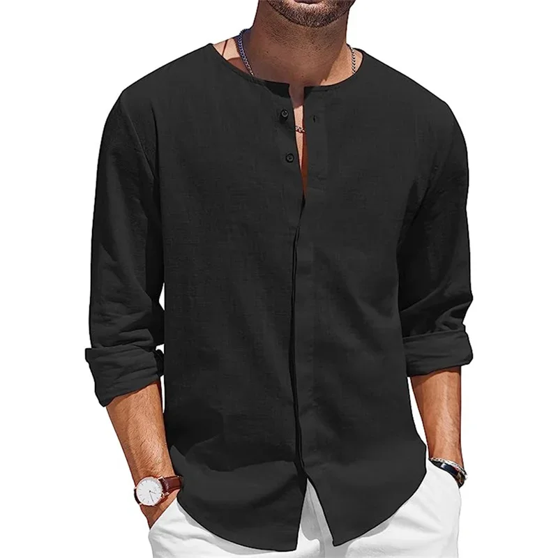 Camisa masculina de cardigã de peito único, linho de algodão monocromático, blusa casual com gola em O, blusa escondida masculina, blusa diária de manga longa, primavera e outono