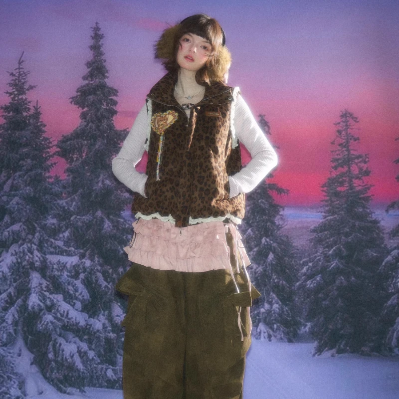 Herfst Winter Verdikte Bruine Luipaard Kanten Afwerking Dames Katoenen Jas Amerikaanse Retro Zoete Koele Veelzijdige Warme Vest Jas Dames