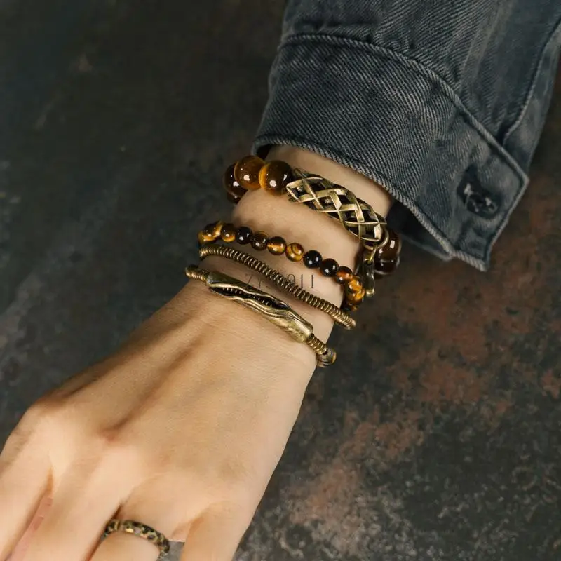H Gelang Multi Lapis Batu Mata Harimau Kuning Retro Kit Perhiasan Gelang Ceruk Serbaguna Kepribadian Pria
