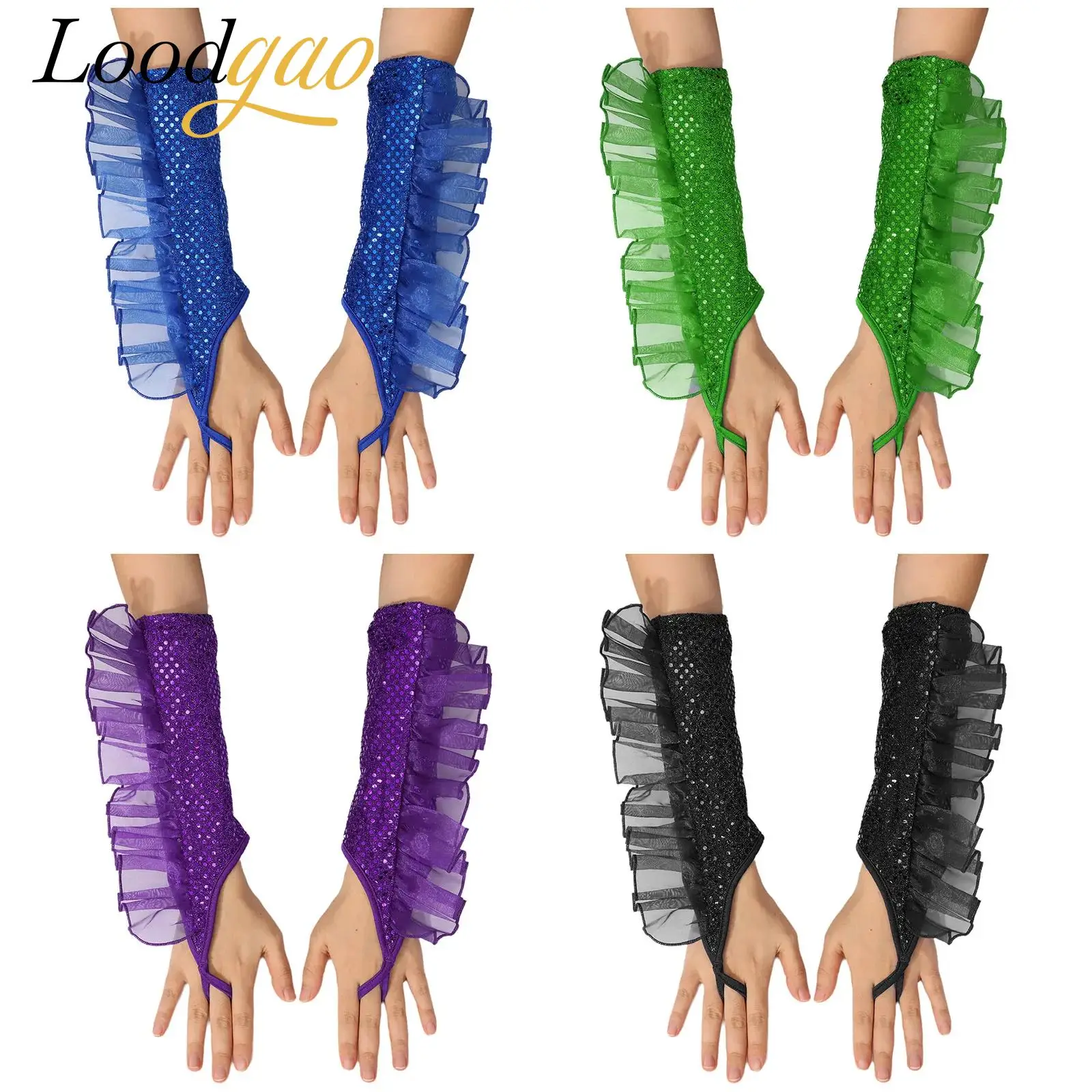 Women Glitter Sequin Gloves Fingerless Elbow Length Ruffled Tulle Trim Long Gloves Mittens Opera Masquerade Costume Accessory