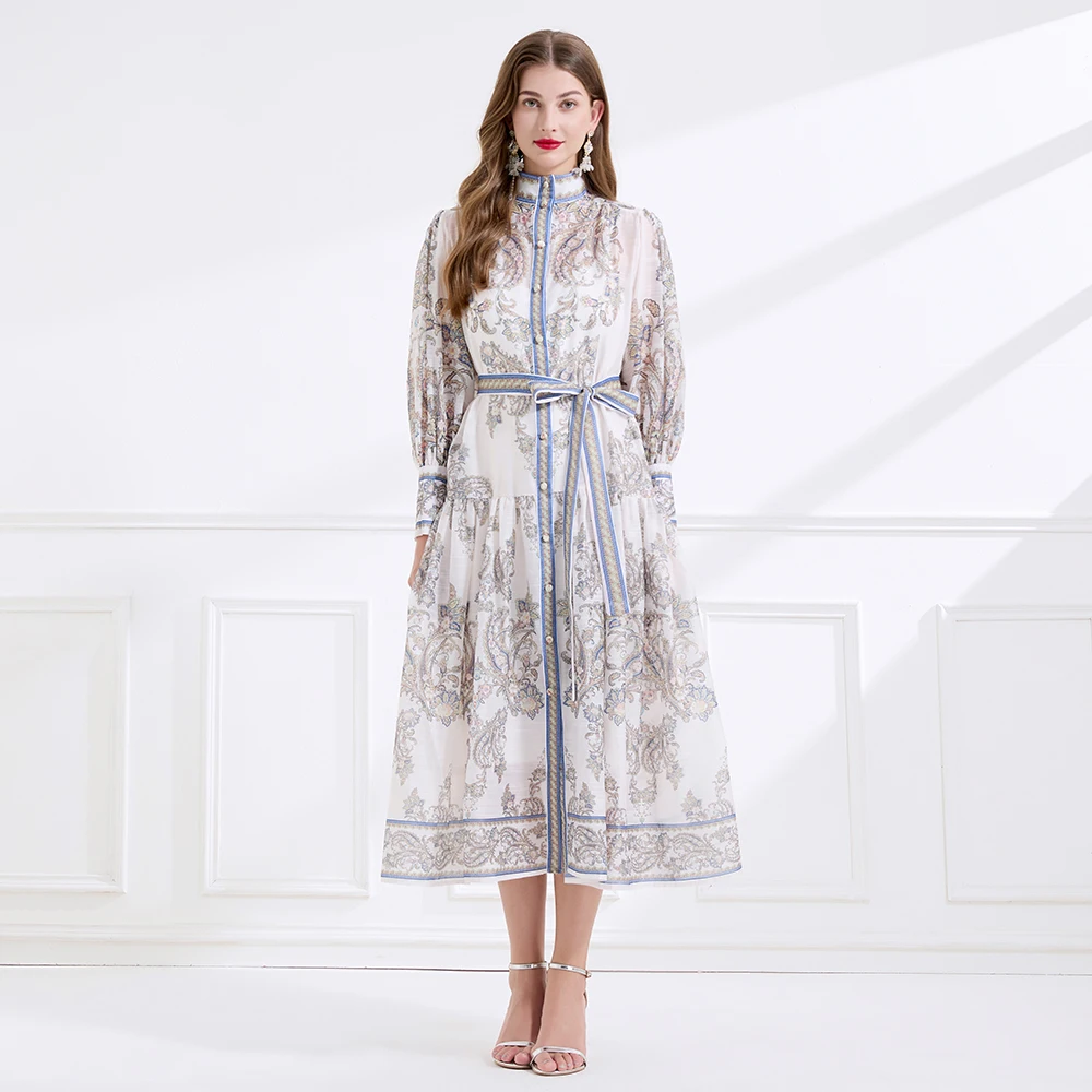 Jesienna Francuska Suknia Wieczorowa w Stylu Retro Królewskiego Dworu Damska Sukienka z Stójką Zapinana na Guziki z Nadrukiem Długa Elegancka Sukienka na Imprezę Formalną