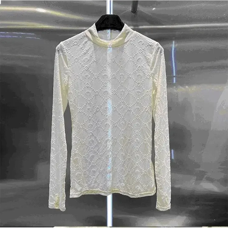 2024 Autumn New Flocking Printed Mesh Bottoming Shirt Women's Sexy Perspective Slim Fit Inside and Outside Top