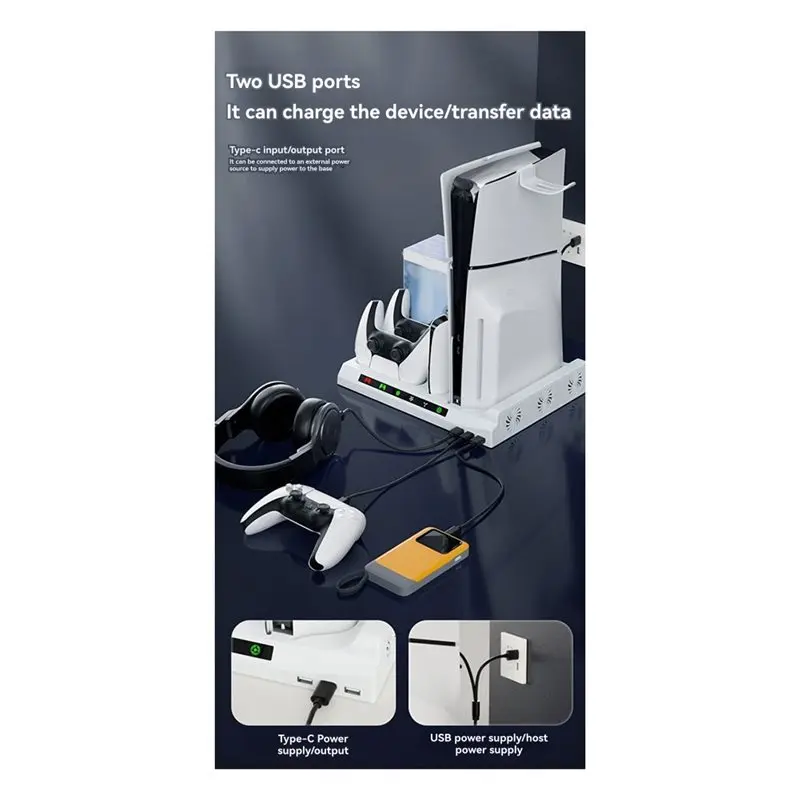 A42Z-Multi-Function Cooling Base For PS5 Slim Game Console With Disc Storage Racksuitable For PS5 Controller Two-Seat