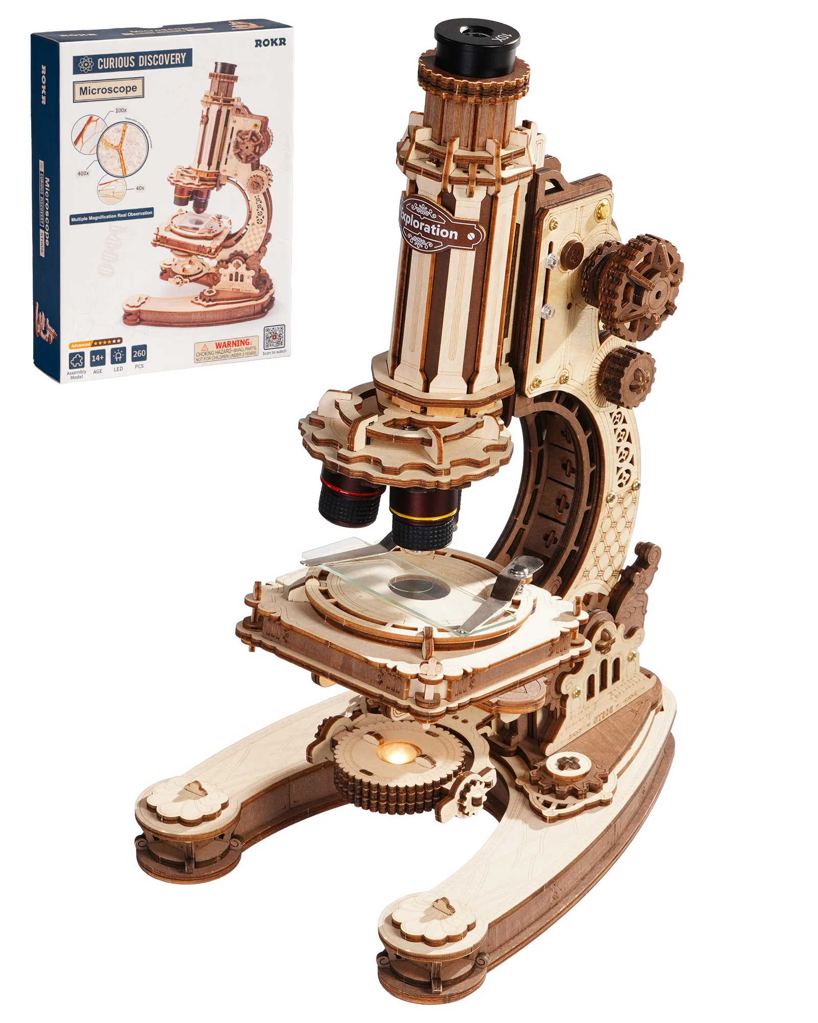 ROBOTIME CURIOUS DISCOVERY Mikroskop DIY-Set 3D-Holzpuzzle Echtes Wissenschaftswerkzeug STEM-Geschenk für Jugendliche und Erwachsene