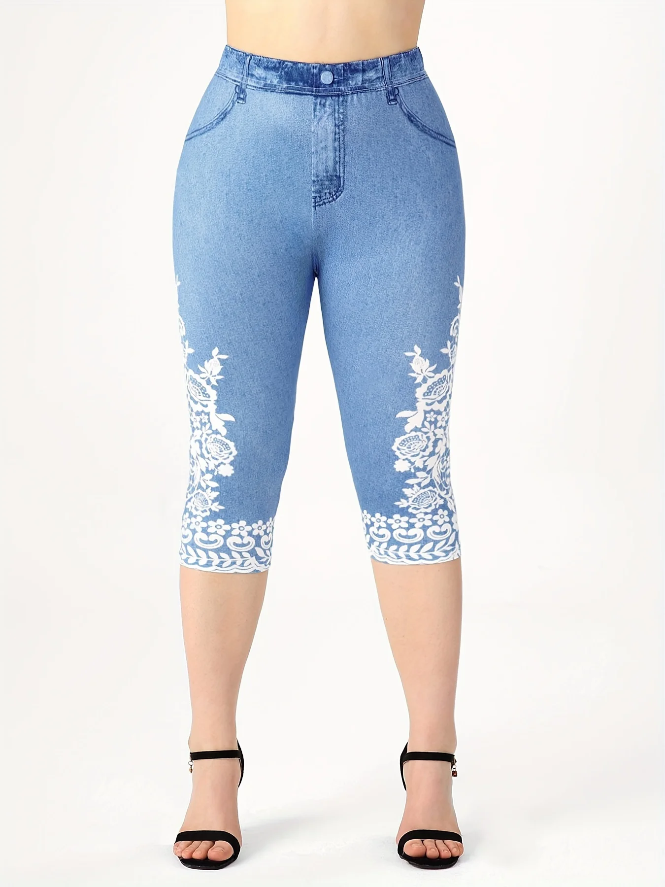 Plus Size Women's Imitation Denim Printed Tight Capri High Elasticity Knitted fashion Casual Leggings