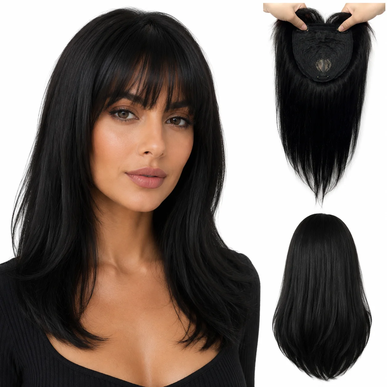 Thicker Real Human Hair Toppers for Women with Thinning Hair Straight Hair with Bangs Clips in Piece for Hair Loss Coverage