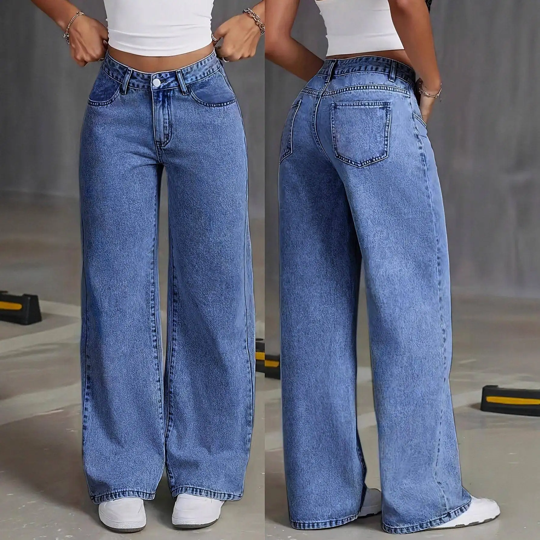 Trendy Women's Loose Straight Leg Jeans Spicy Sweet Style High Waist Large Size Casual Long Pants Cross-Border Denim