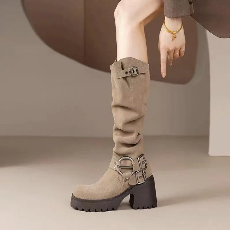 Botas de caballero altas hasta el tobillo con parte inferior gruesa para mujer, zapatos de cuero suave con punta redonda y tubo largo, botines cómodos que combinan con todo, Otoño e Invierno