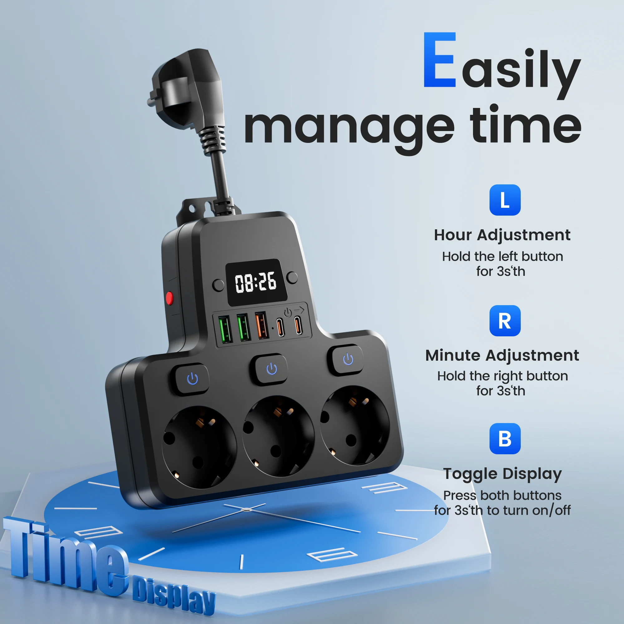 Toma de corriente con interruptor independiente 9 en 1, enchufe estándar de la UE, toma de pared 3 USB 2 tipo C con reloj