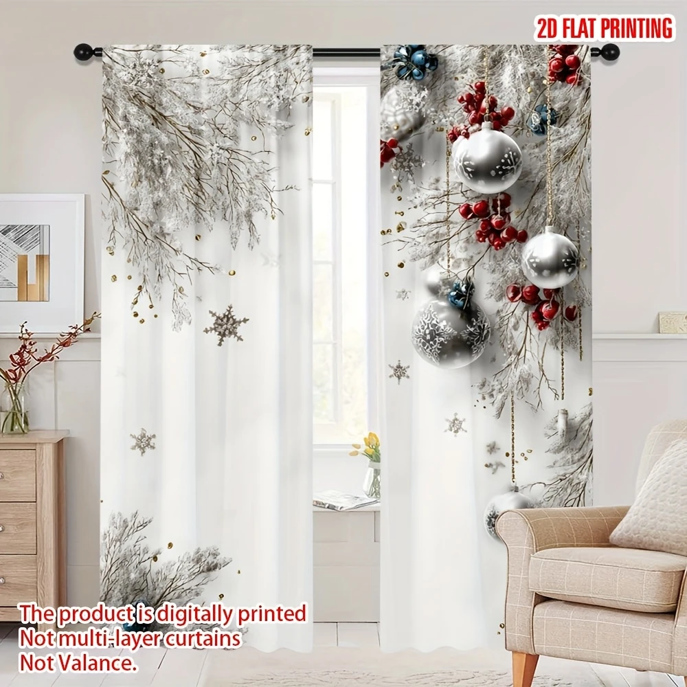Silver Blue Christmas Ornament Berry Curtains, Rod Pocket, Polyester, Home Decor, Bedroom Living Room, Elegant Decor, Home Decor