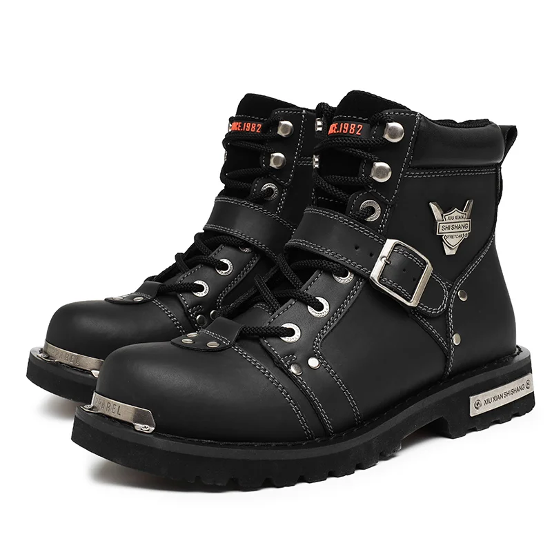 High-Top Boots Men's Leather Winter Cotton Shoes Men Snow Boots Metal Rivets Low Heel Trend Punk Rock Knight Motorcycle Boot