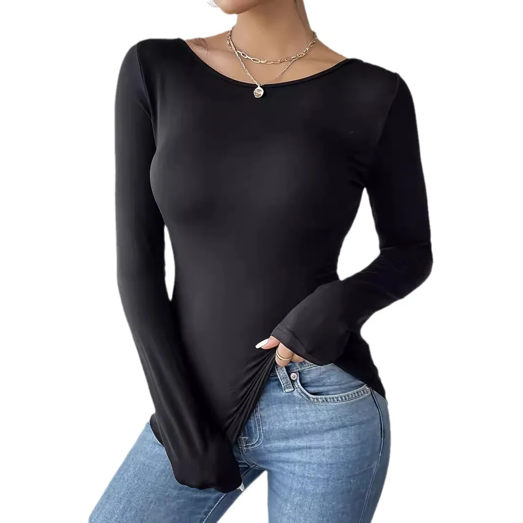 Camiseta Feminina Elegante de Manga Longa com Recorte Vazado e Renda, Cor Sólida, Modelo Slim para o Dia a Dia, Coleção Transfronteiriça 2026 - CW55872
