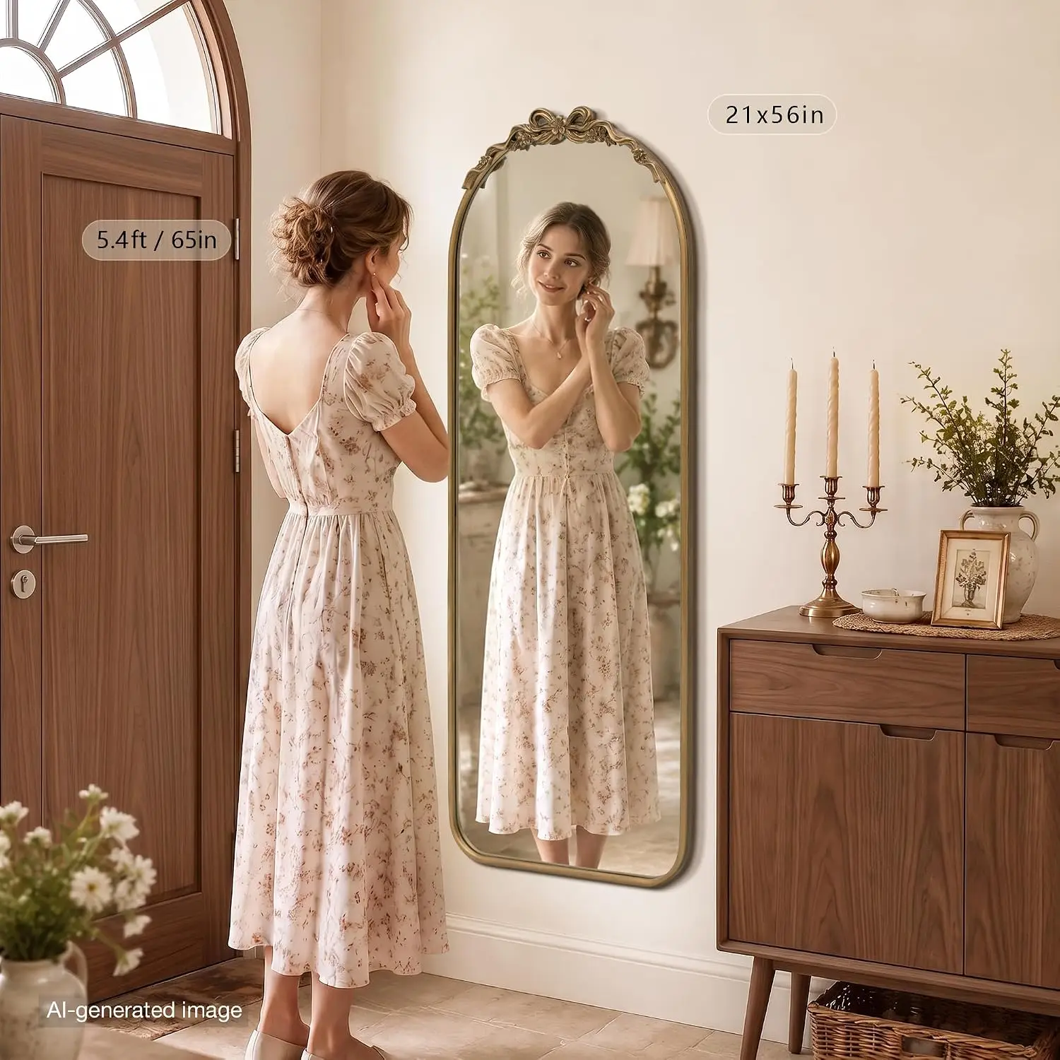Bow Full Length Mirror 21X56 Brass Vintage Arched Floor Matt Gold Baroque Long Body Antique Bow Floral Carving Bedroom Cloakroom