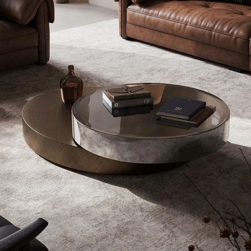 Italian light luxury, round coffee table, simple modern, stainless steel, household rotating creative Internet celebrity table