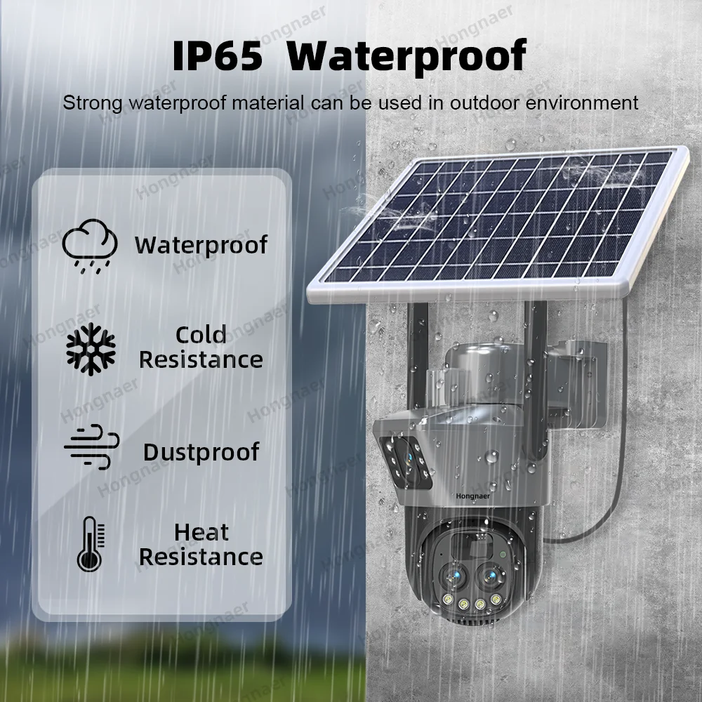 Hongnaer 12MP 6K 3 Lens 10X Zoom Wireless Solar Panel Powered IP PTZ V380 Pro Network Outdoor Security WiFi Solar CCTV Camera