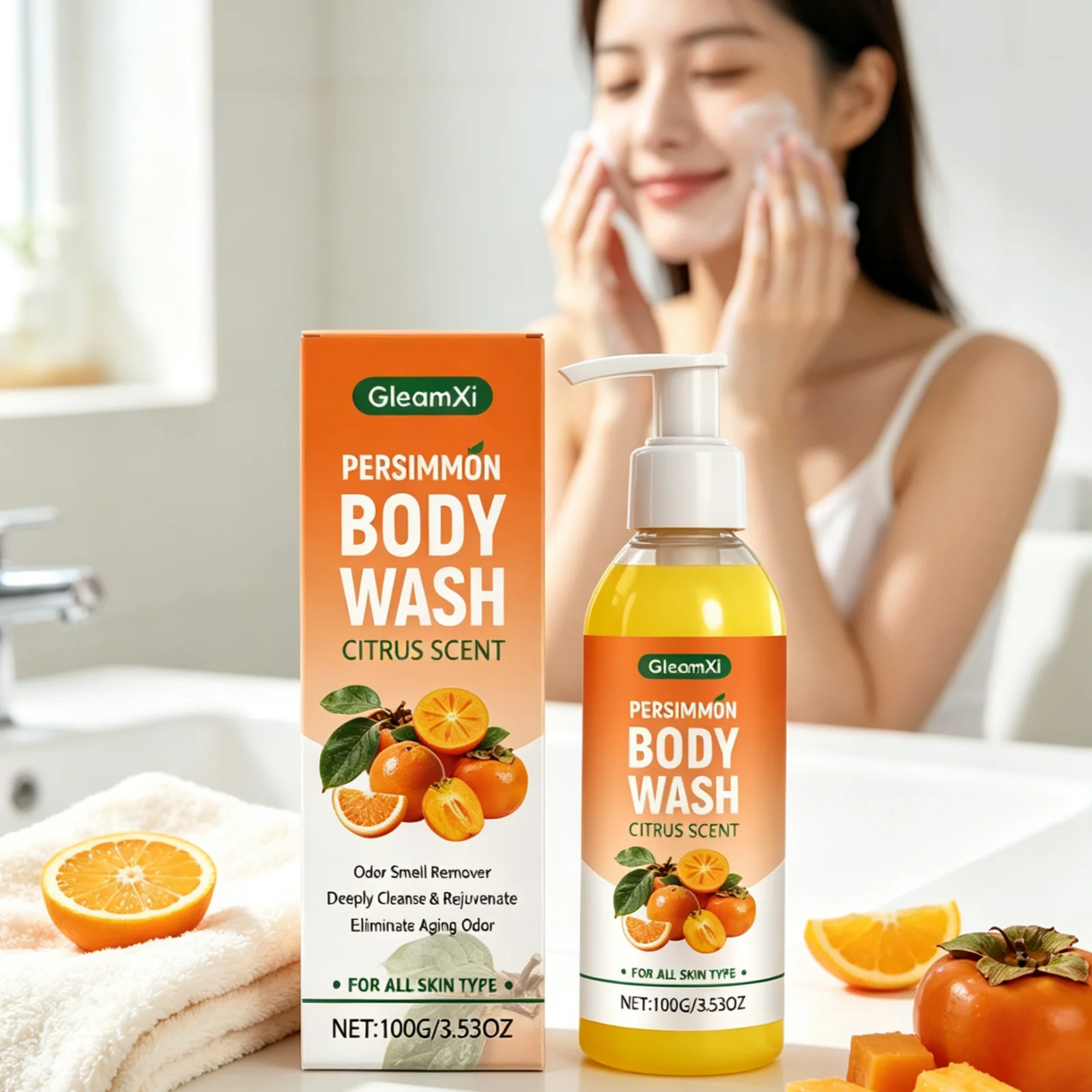 GleamXi Persimmon Body Wash Deep Cleansing Gentle Exfoliation Remove Dead Skin Moisturizing Soft Skin Rejuvenate Shower Gel 100g