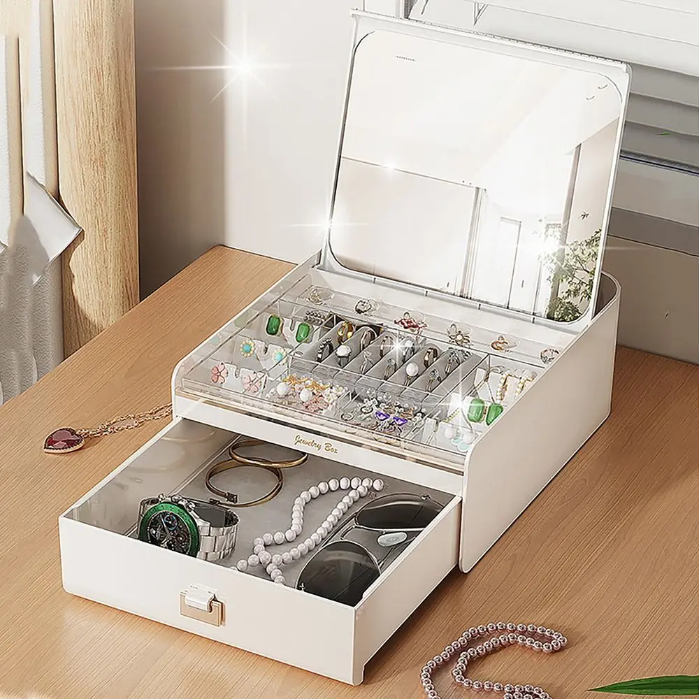 2-Layer Jewelry Box with Mirror Velvet Interior Dust-proof Jewelry Display Holder Multifunctional Multi-compartments