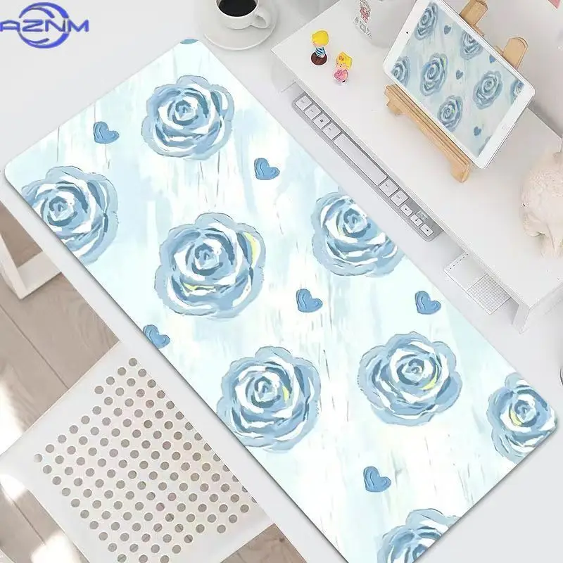 Sweet Blue Rose Heart Pattern Large Desk Mat Floral Art Mouse Pad for Laptop Keyboard Gaming Home Office Desktop Accessories