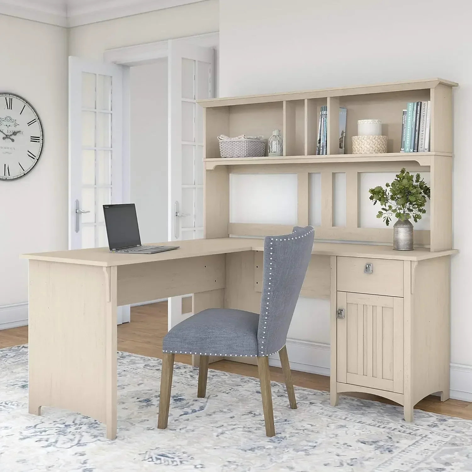 Salinas L Shaped Desk with Hutch in Antique White | Corner Table with Drawers and Storage for Home Office