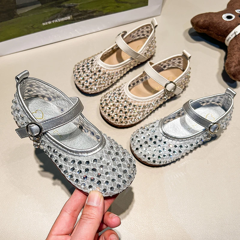 

Girl Princess Shoes 2025 Spring New Mesh Breathable Full Diamond Beautiful Little Princess Soft Soled Comfortable Leather Shoes