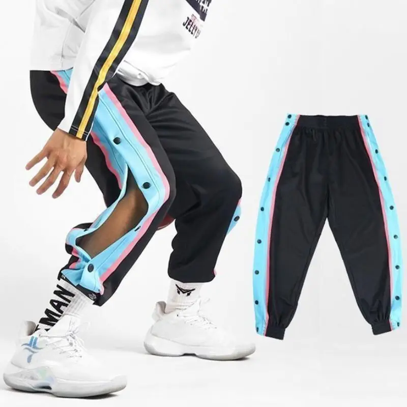 Harajuku Fashion Sports Men Pants Daily Outdoor Basketball Sweatpants Hollow Out Side Stripe Button Fly Design Creative Trousers