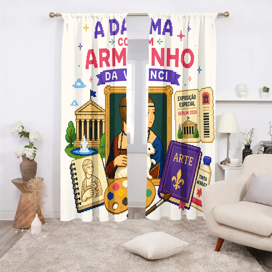 2PCS Curtains, Pixel Art Collage Print Featuring Da Vinci’s Lady With Ermine Inside Gilded Frame, Classical Temple With Fountain