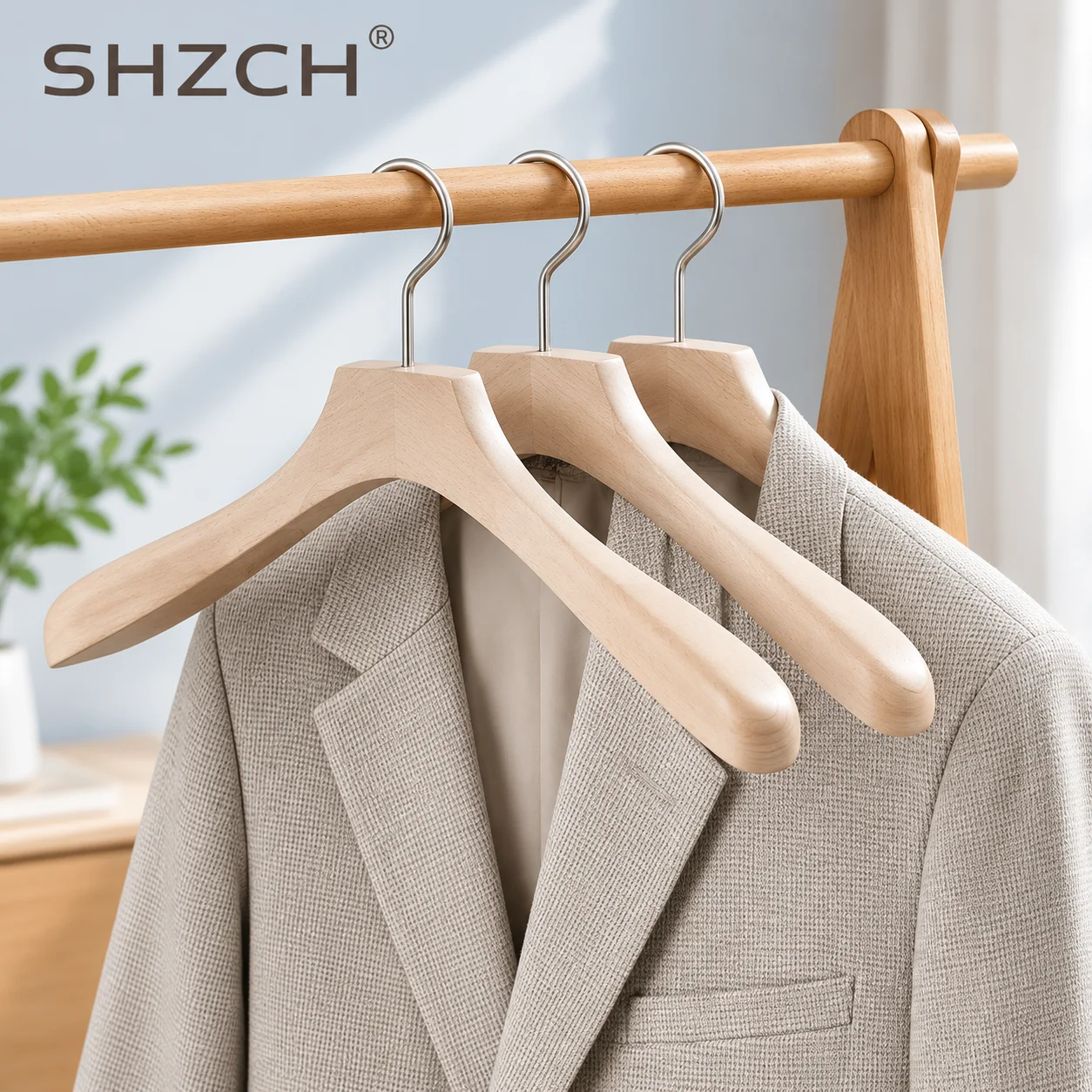 6Pcs/set Solid Wood and Metal Hook Wooden Hangers With Notches Non-slip Metal Hook for Clothes