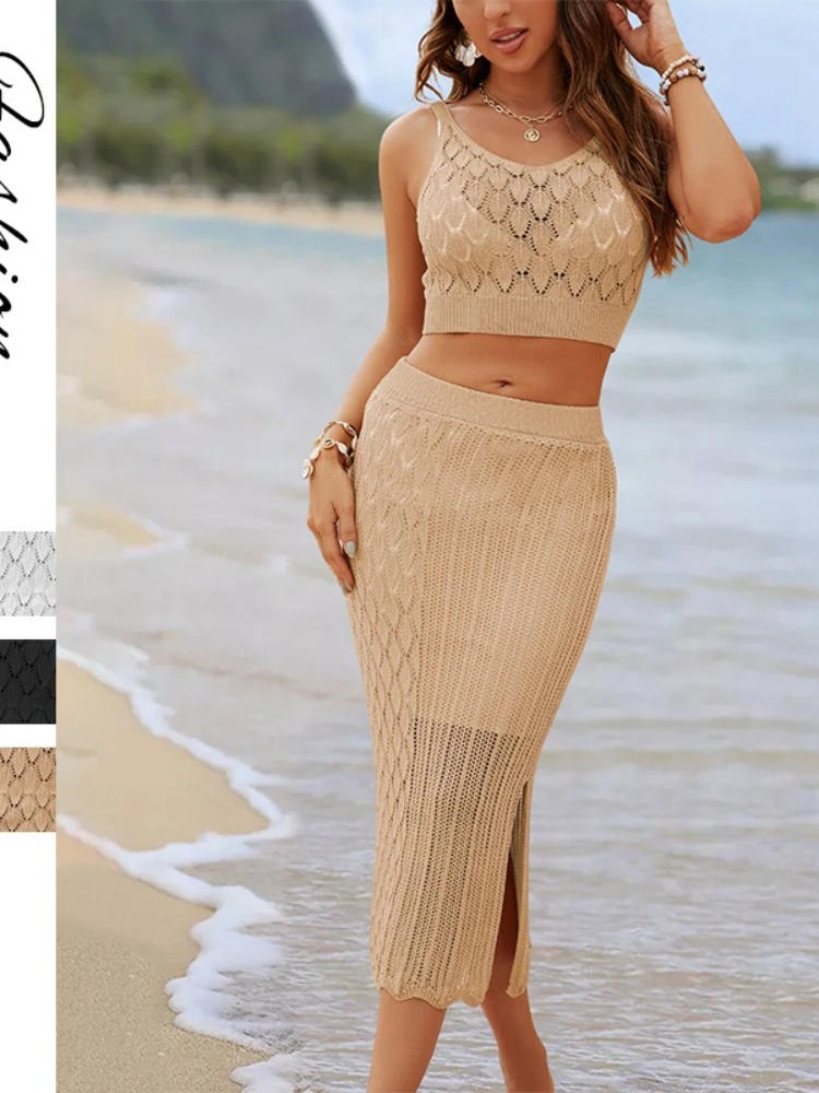 

A popular and sexy two-piece solid color women's dress set with a vest and slit
