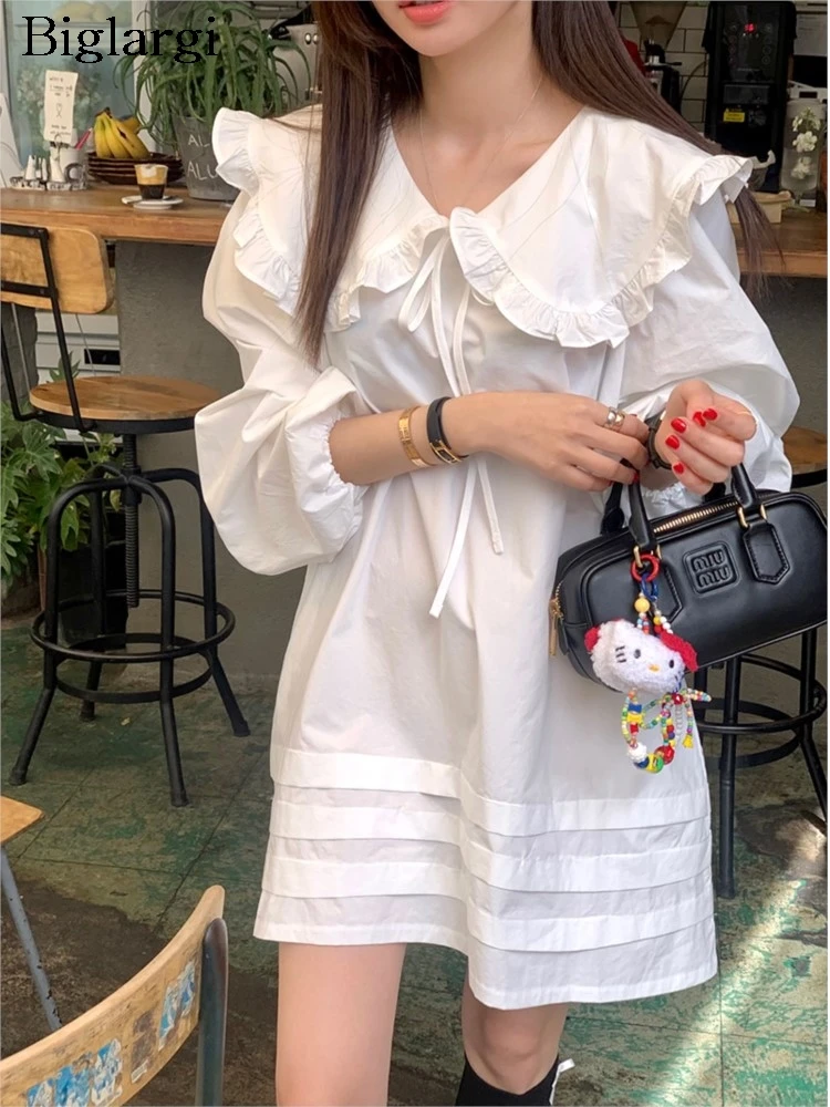 

Spring New Long Sleeve Dress Women Ruffle Pleated Korean Style Fashion Ladies Doll Collar Dresses Loose Casual Woman Midi Dress