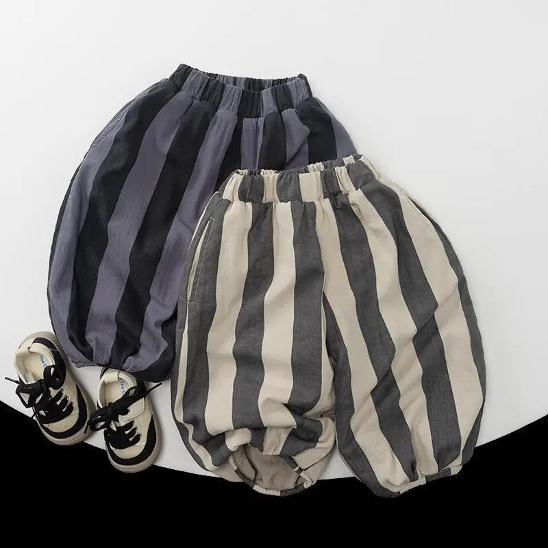 

2025winter New Children Warm Fleece Pants Boys Girls Striped Casual Pants Baby Plus Velvet Thick Trousers Kids Harem Pants