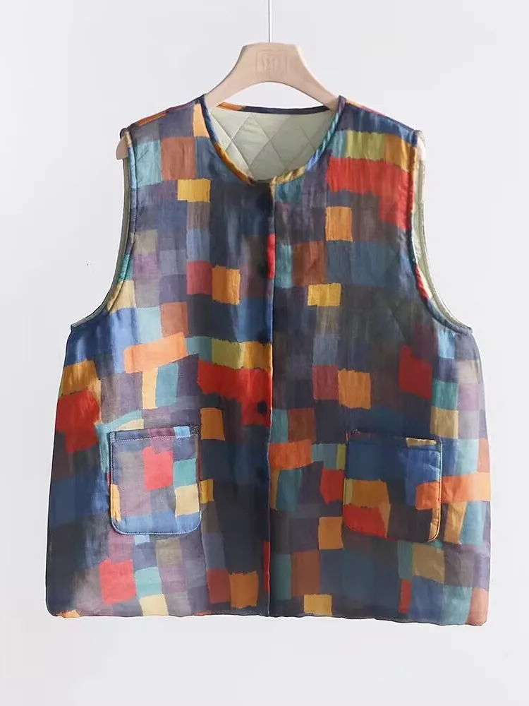 

Thiened Ретро Цвет Блу Хлопковый Жилет Женский Осень Зима Теплый No Sve oulder Pad Хлопковый Жилет Майка Круглый Ne