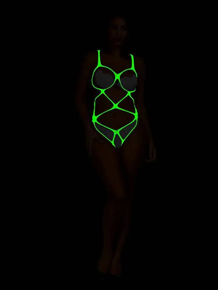 빛나는 녹색 스트랩 섹시 바디수트 속이 비치는 나이트 라이트 바디수트 메쉬 자카드 시스루 바디수트 매력적인 나이트클럽 Y431