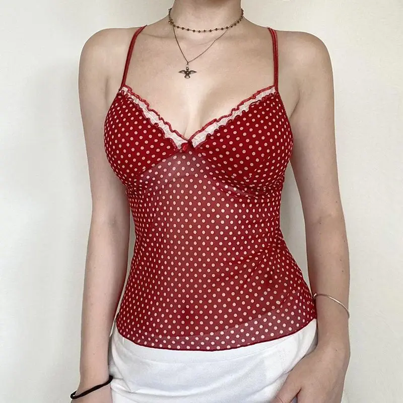 Miiiix Red Patchwork Contrasting Color Slimming Polka Dot Mesh Strap Women's Summer Fashionable Thin Personalized Vest Top